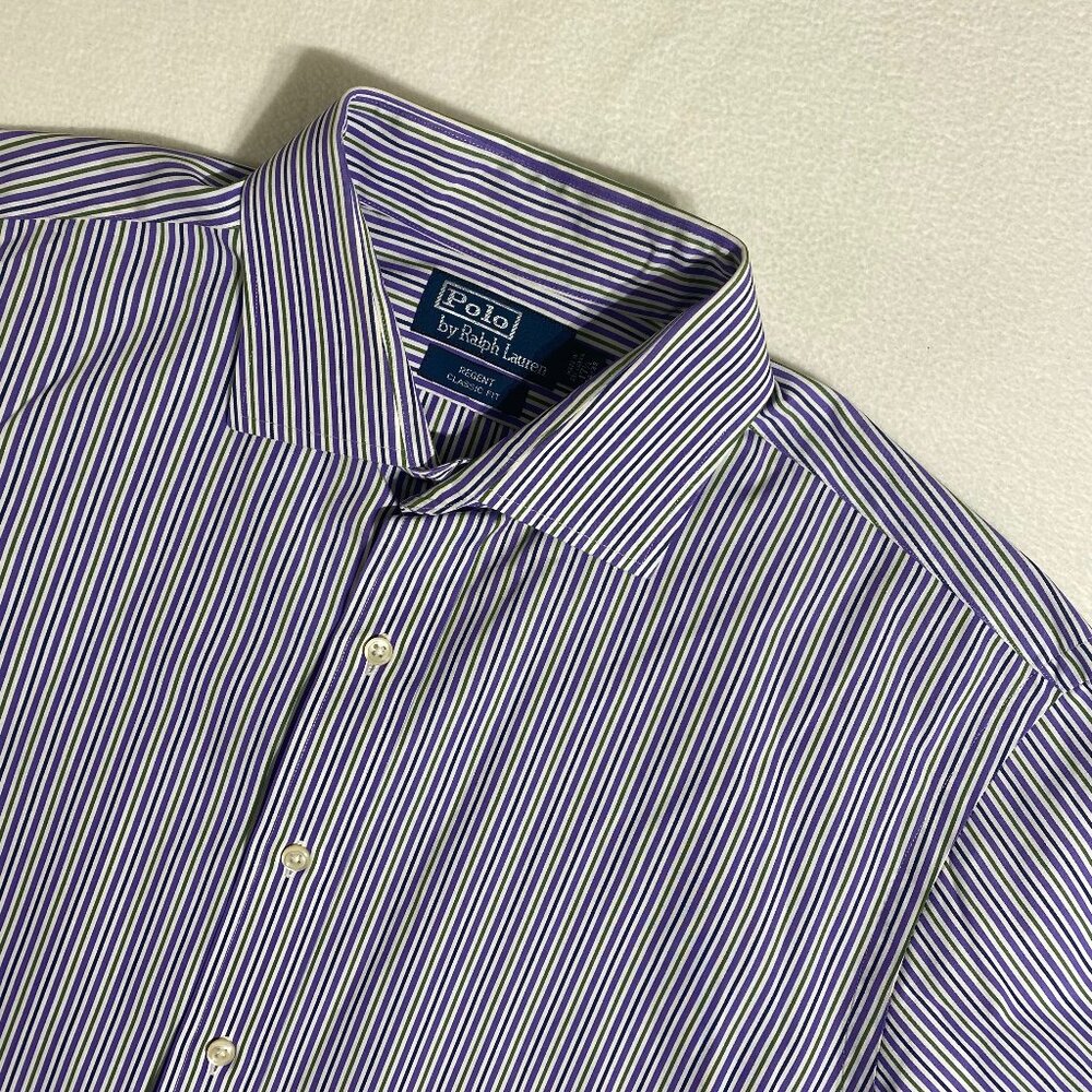 Polo Ralph Lauren Regent Classic Dress Shirt Mens 17 1/2 Purple Green Pinstripe